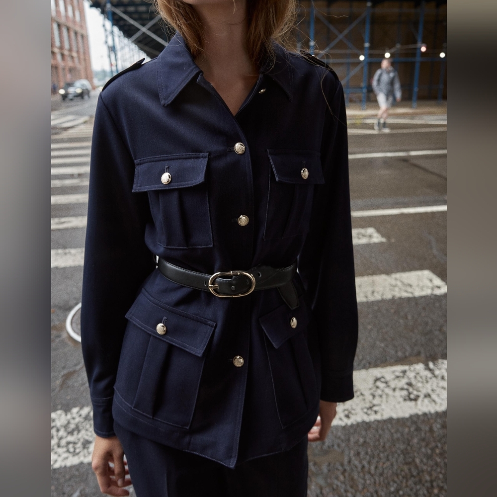 Zara NWT Navy Safari Style Utility Jacket with Belt And Patch Pockets